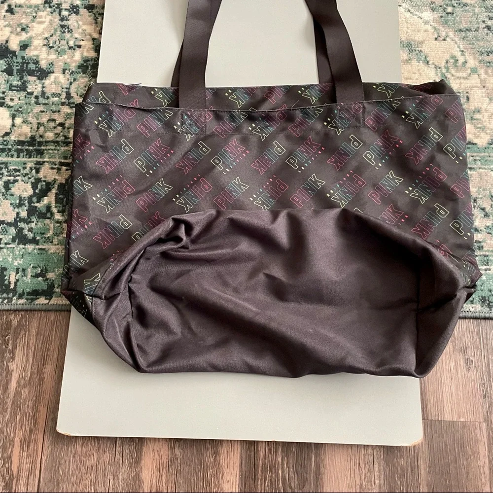 PINK Victoria’s Secret Black Zip Up Tote Bag Black Fluorescent Allover Logo - Picture 3 of 11